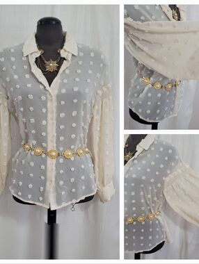 Sheer Dotted Swiss Button-Front Blouse / M